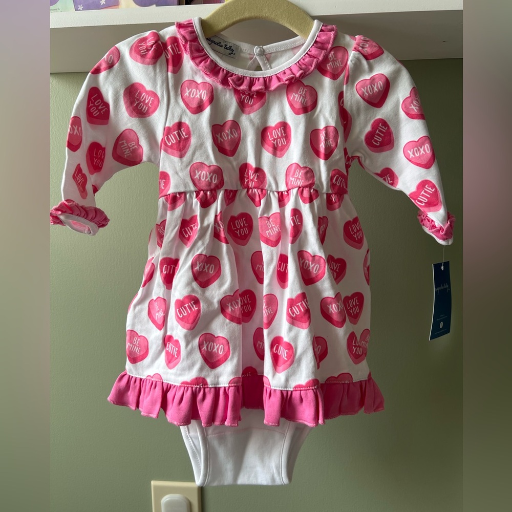 Magnolia Baby Valentine’s Day Pink and White Heart Print Baby Dress w/ Bloomers